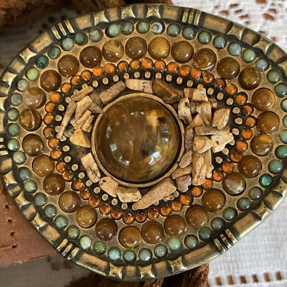 Woven Brown Leather Belt with Beaded Statement Buckle main image 10